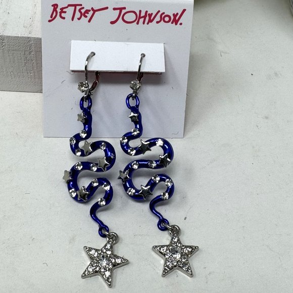 Betsey Johnson Cobalt Blue Rhinestone Shake & Star Earrings Leaver backs Silver - Picture 6 of 9